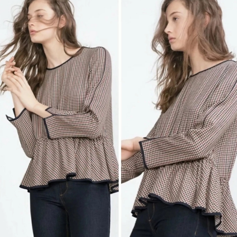 Zara Tan With Red/Navy Houndstooth Pleated Ruffled Peplum Blouse Size Small
